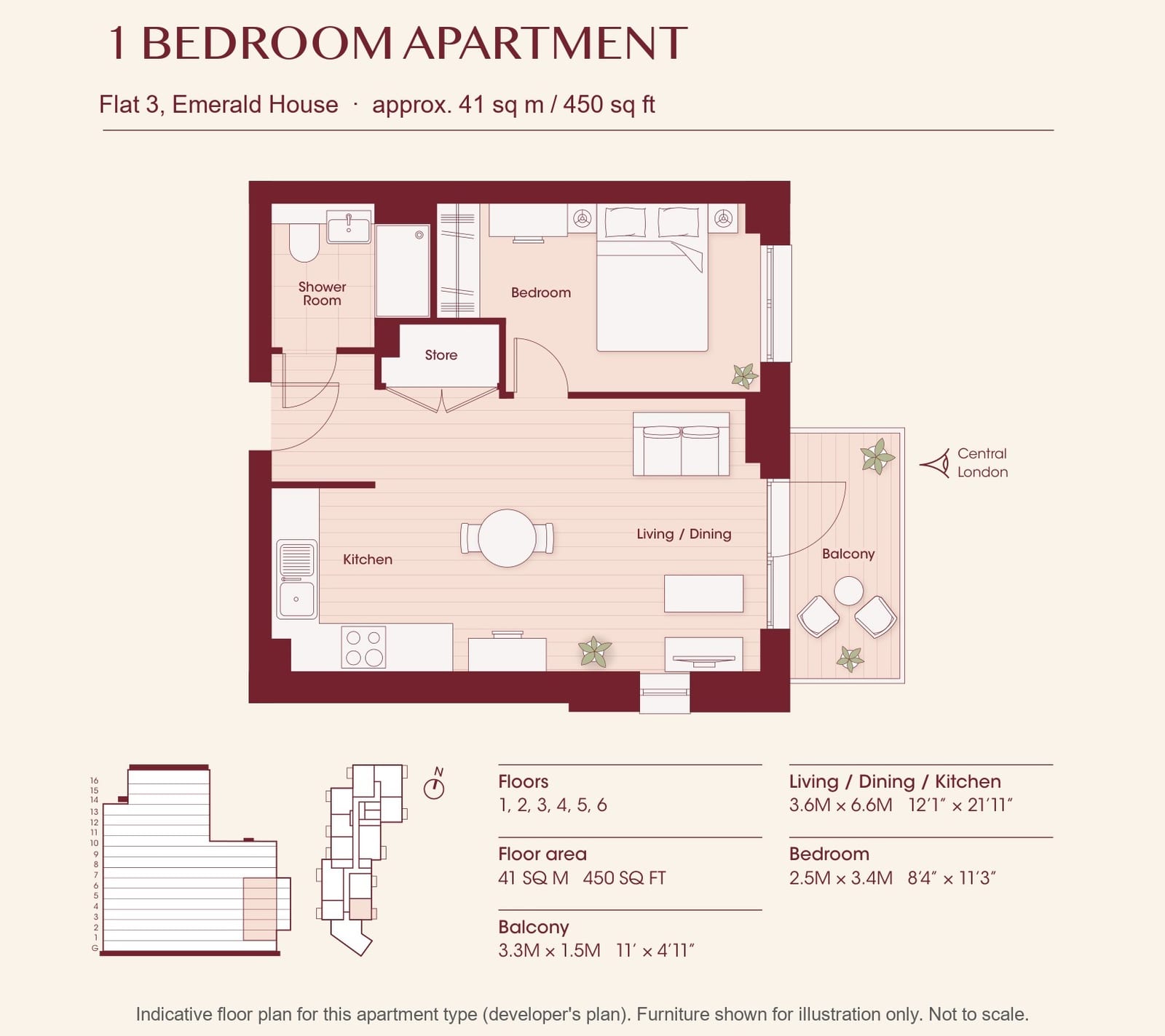 Developer floor plan of the one-bedroom apartment: open-plan kitchen and living room, bedroom, shower room, store and balcony. The plan quotes approx. 41 sq m; the EPC measures 42 m².