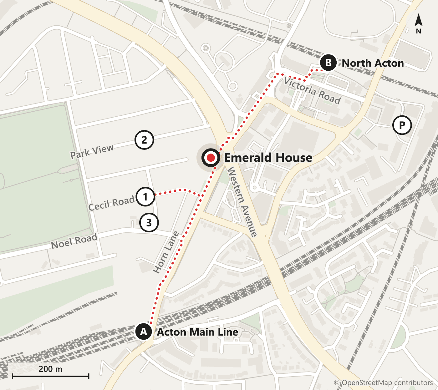 Map: 1 bed flat, Emerald House, stations and places to park